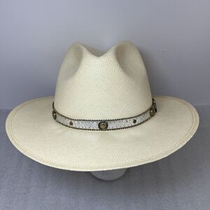 Vtg Straw Western Cowboy Hat W Concho Band Size L-XL Ivory SHANTUNG USA Made
